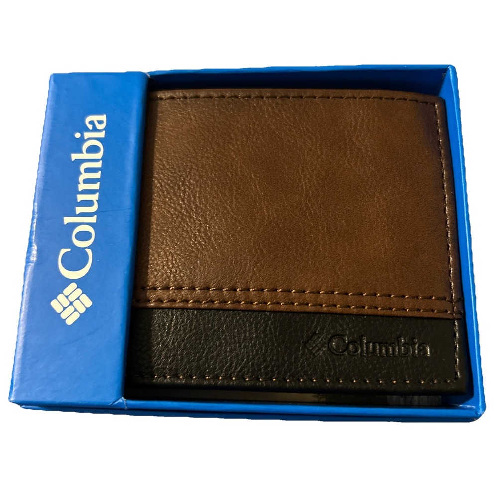 NWT COLUMBIA BROWN/BLACK Leather Wallet billfold MSRP $38